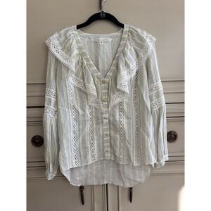 Veronica Beard Striped Lace Ruffle Vneck Button Up‎ Blouse White Black Yellow 2